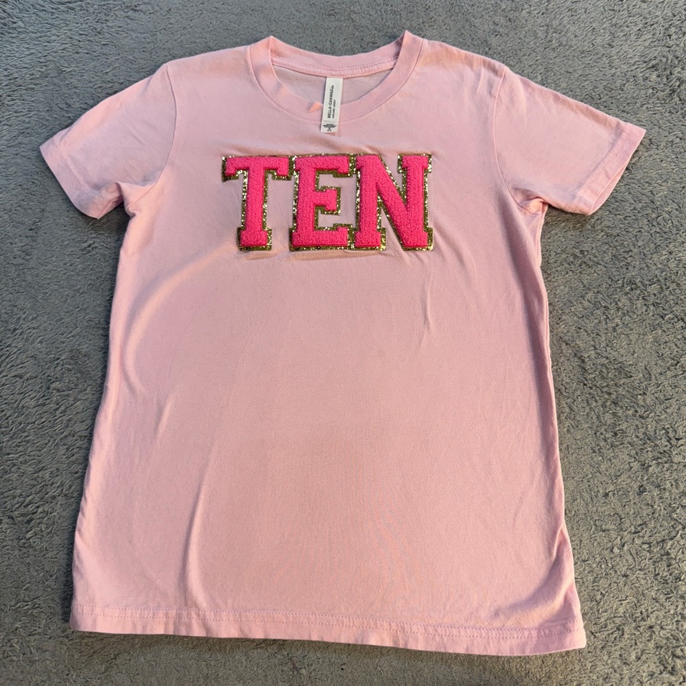Bella Canvas Kids Girls Ten Chenille Patch T Shirt M 10-12 Pink Glitter Graphic